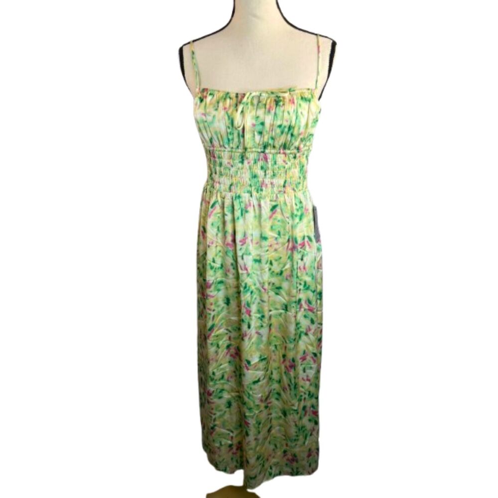 Astr the Label NWT Maren Smocked Floral Satin Yellow & Green Midi Dress Size M